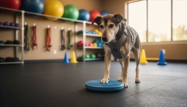 Dog in a support harness standing with one paw on a balance cushion